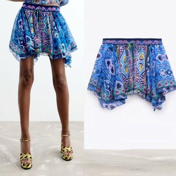 ZARA NWT Boho Mixed Prints Asymmetrical Hem Mini Skirt XS - Picture 3 of 16
